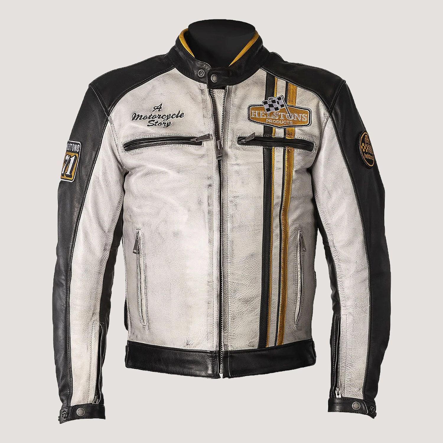 Helstons Indy Rag Leather Black White Yellow Motorcycle Jacket 1 Helstons Indy Rag Leather Black White Yellow Motorcycle Jacket